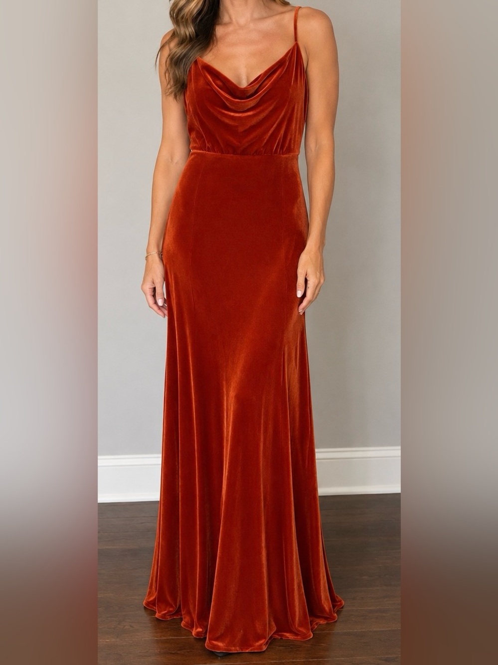 Velvet Cowl-Neck Formal / Bridesmaid Dress in Rust - Stunning Fall Dress